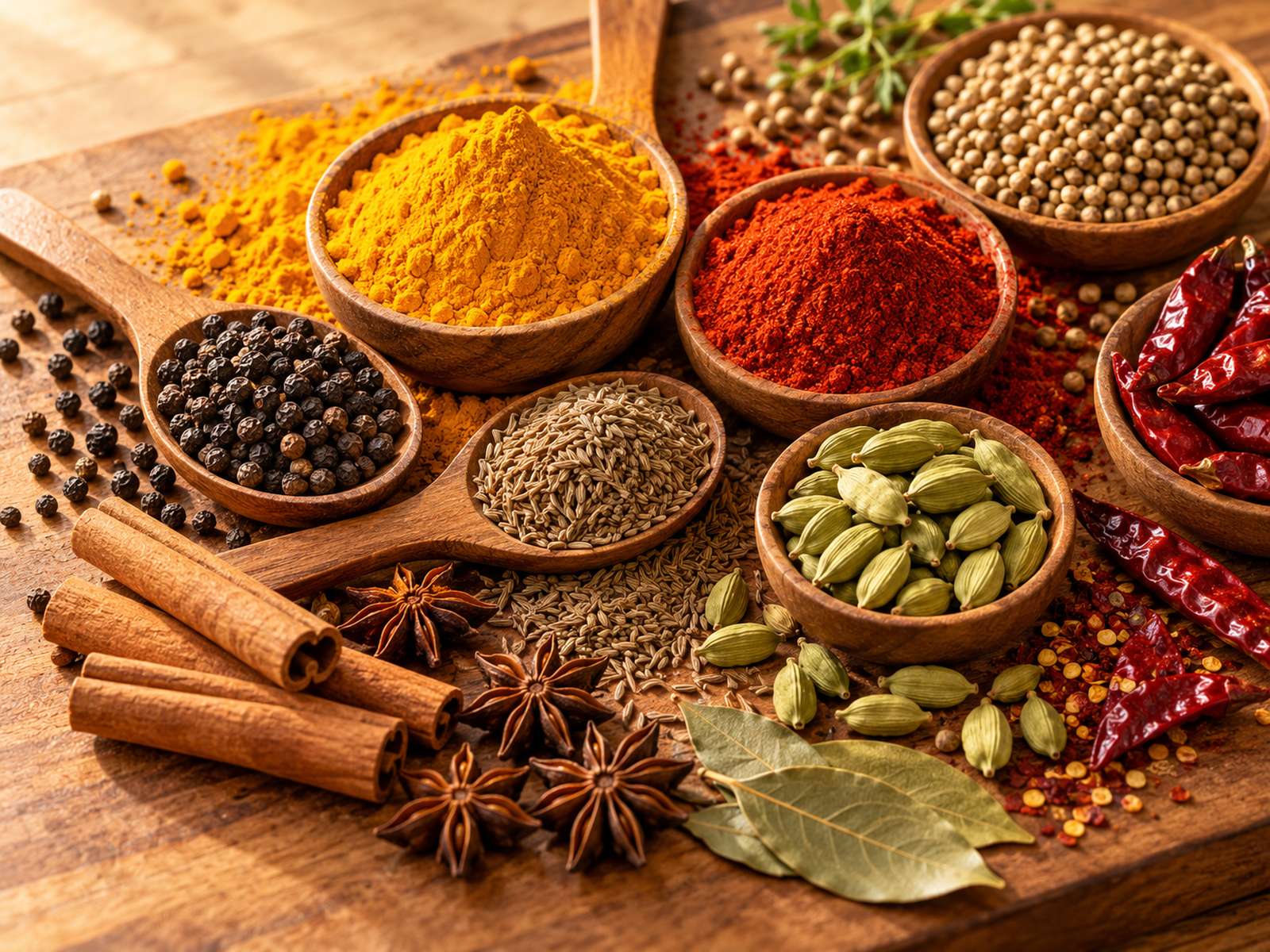Indian spices in wooden bowls — turmeric, chilli, pepper, cumin and cardamom