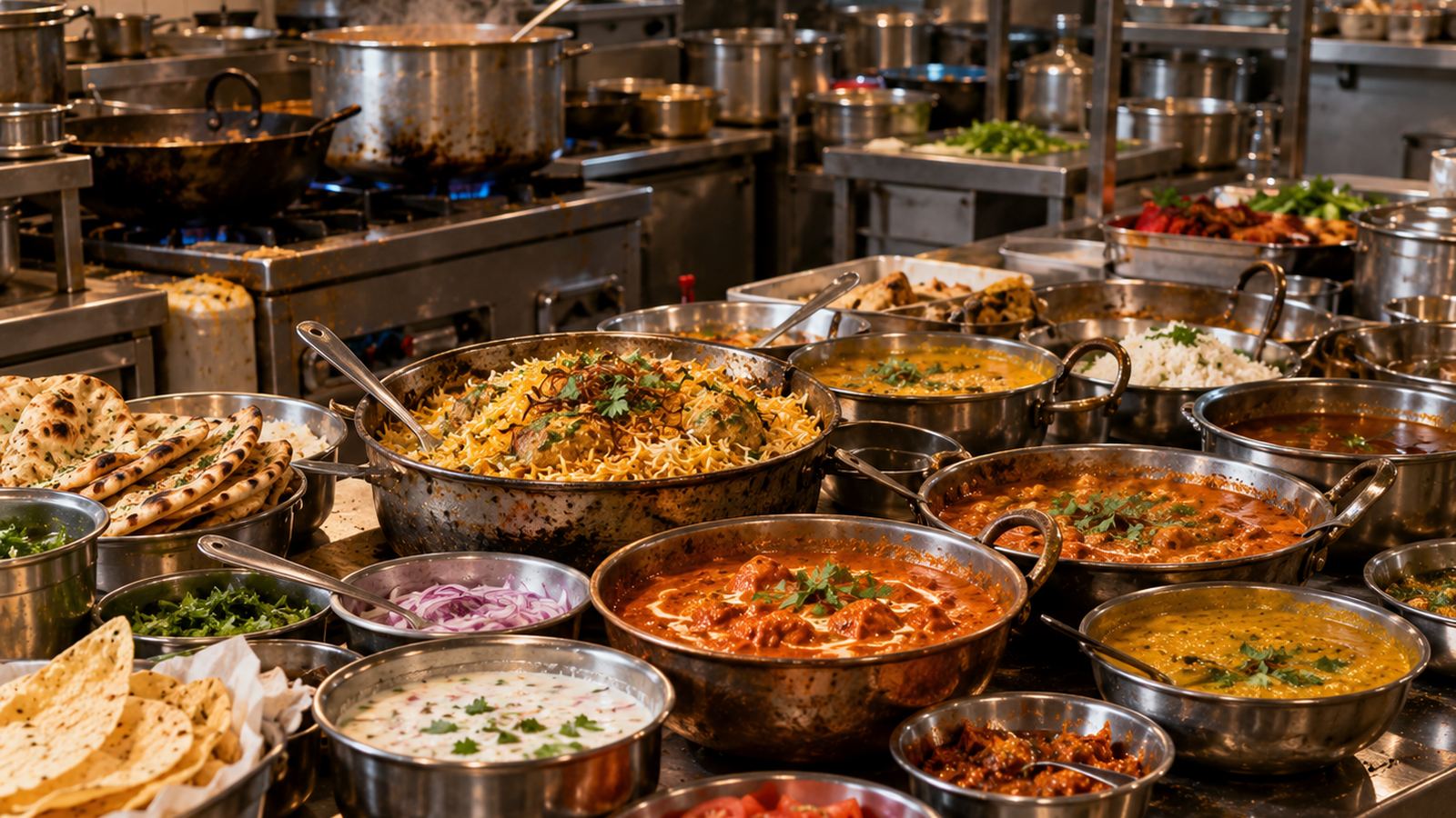 A commercial kitchen preparing food in quantity