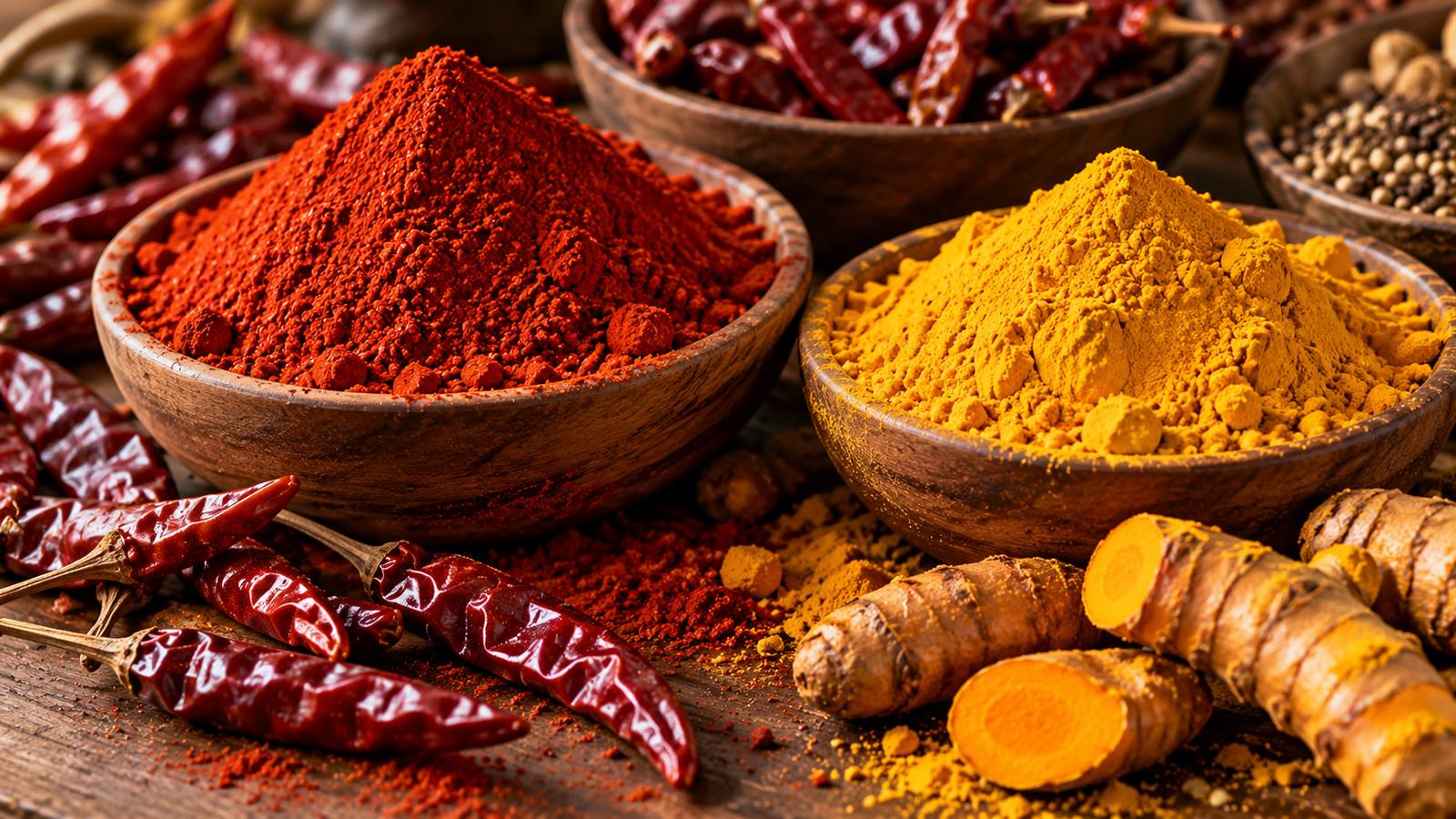 Chilli powder and turmeric in close detail