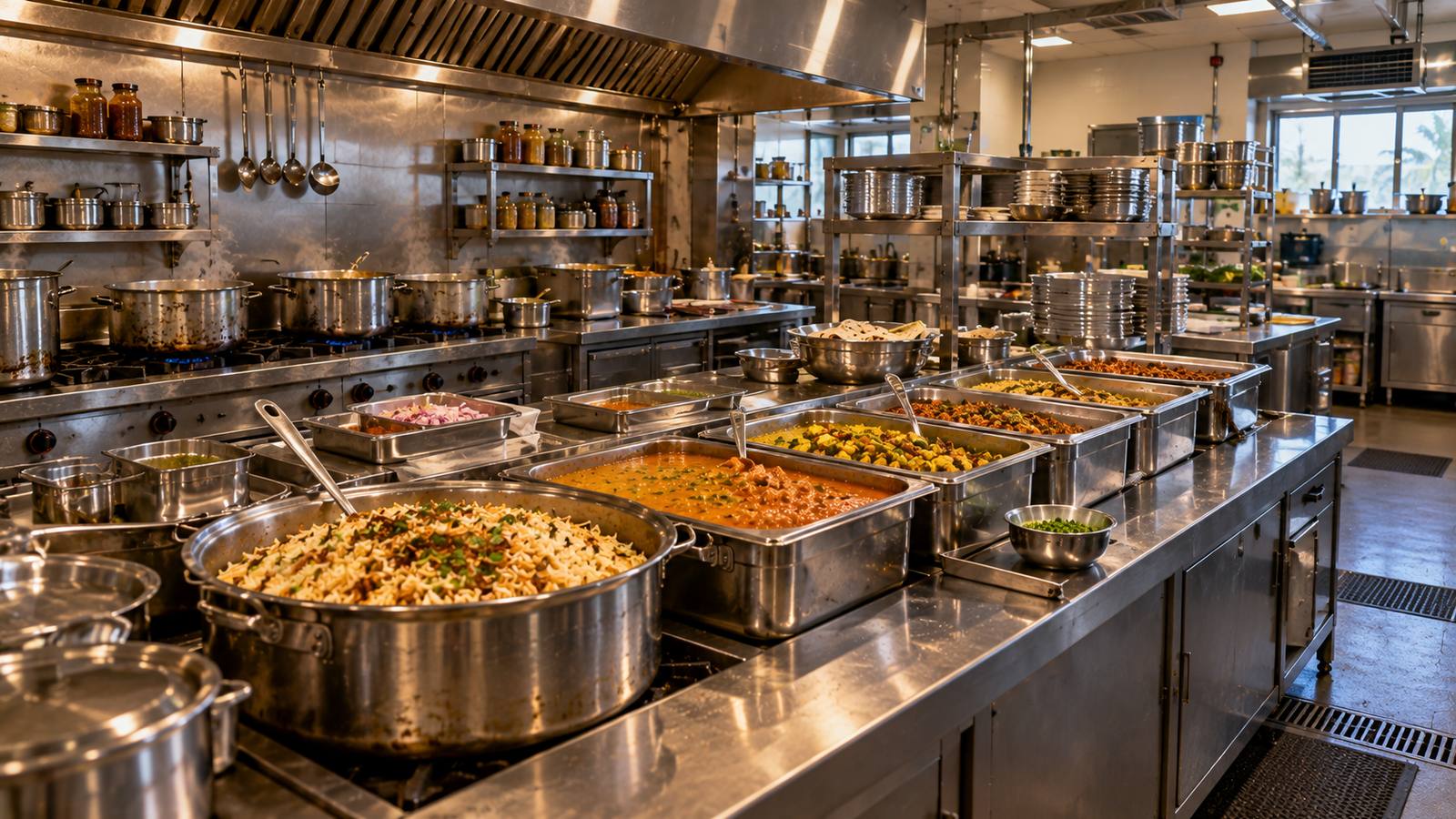 A commercial kitchen service counter